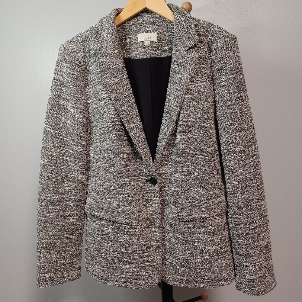 LOFT Tweed Single Button Blazer Gray Purple Size 10